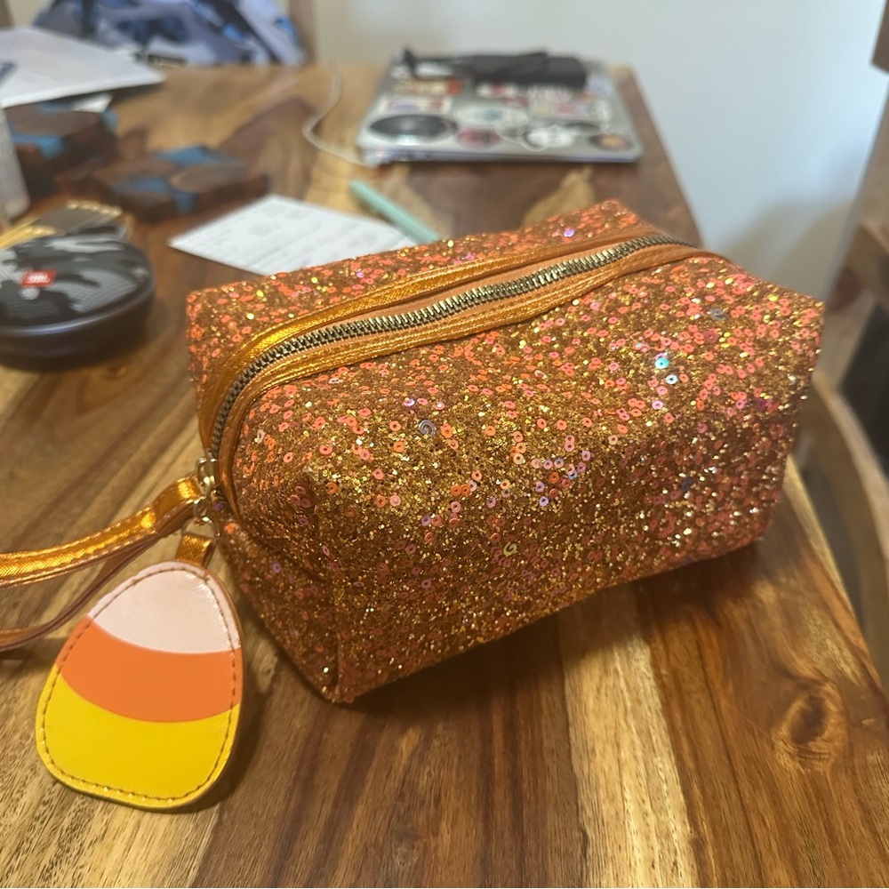 Halloween Candy Corn Glittery Orange Cosmetic Makeup Bag